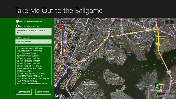 Routes may be mapped from a specified address or landmark to any MLB ballpark, such as from the Waldorf Astoria Hotel in New York to Yankee Stadium.